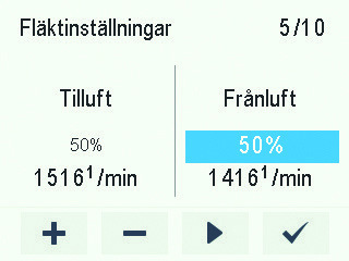 I följande avsnitt beskrivs hur du ställer in effektförhållandet för tillufts- och frånluftsfläktarna i systemet. Justera flödena enligt de värden som fastställs i ventilationshandlingen.