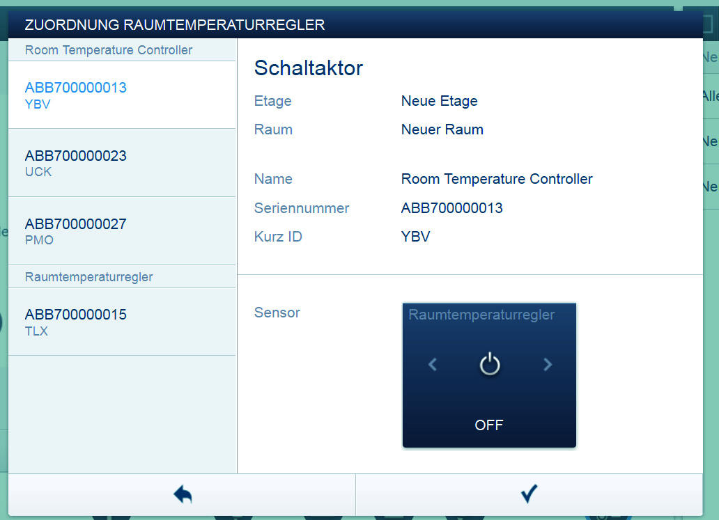 ABB-free@home Ibruktagning Identifiering med hjälp av serienummer L Room Temperature Controller PMO ABB700000013 RTC flushm. Livingr.