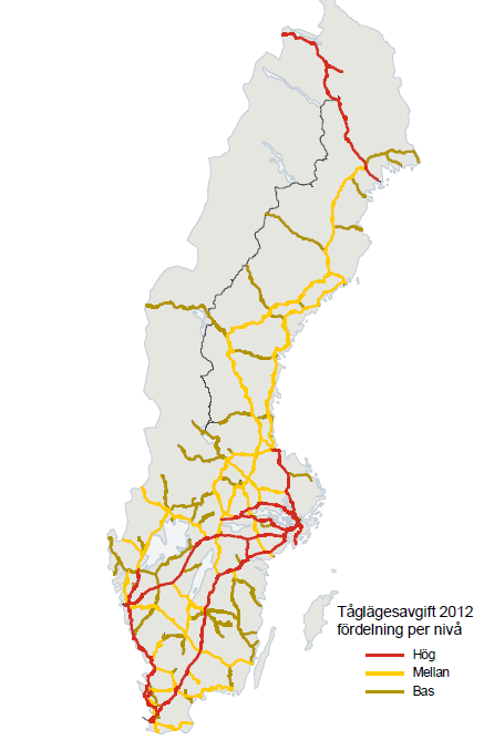 Differentieringen av tåglägesavgiften är utökad från 2012 och har nu tre nivåer enligt kartbilden