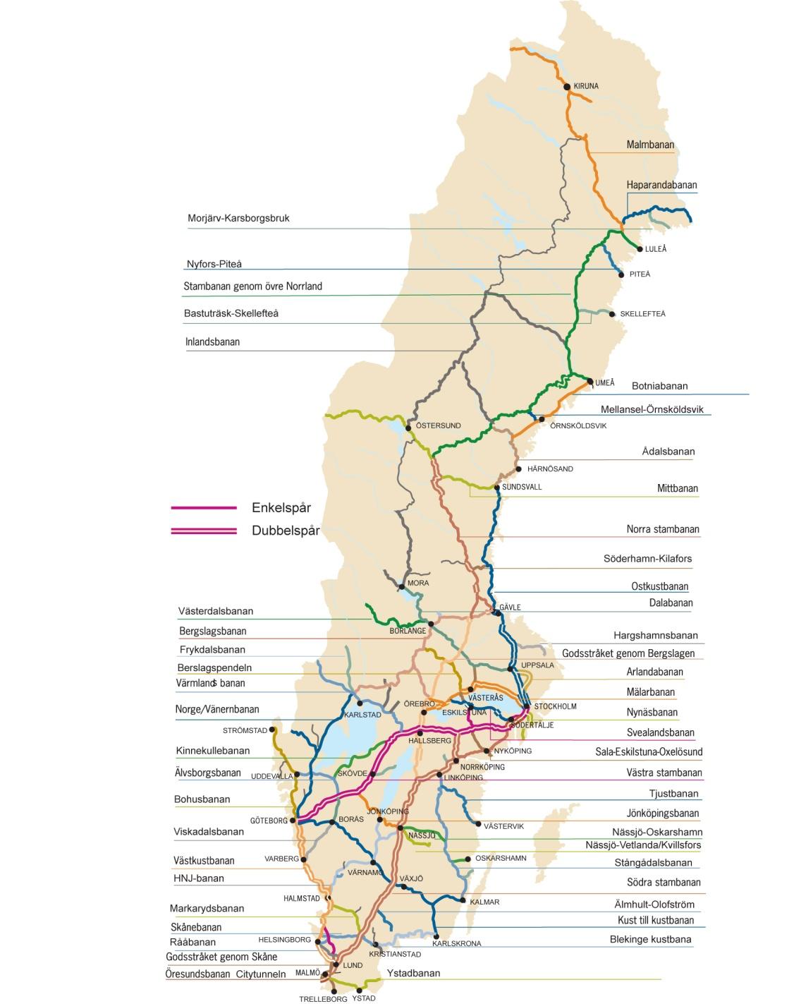 2.4.1 Bankapaciteten 2011 Kartan visar infrastrukturen med markering av enkel- eller dubbelspår. Betydande kapacitetsbegränsningar finns i storstadsområdena Stockholm, Göteborg och Malmö.