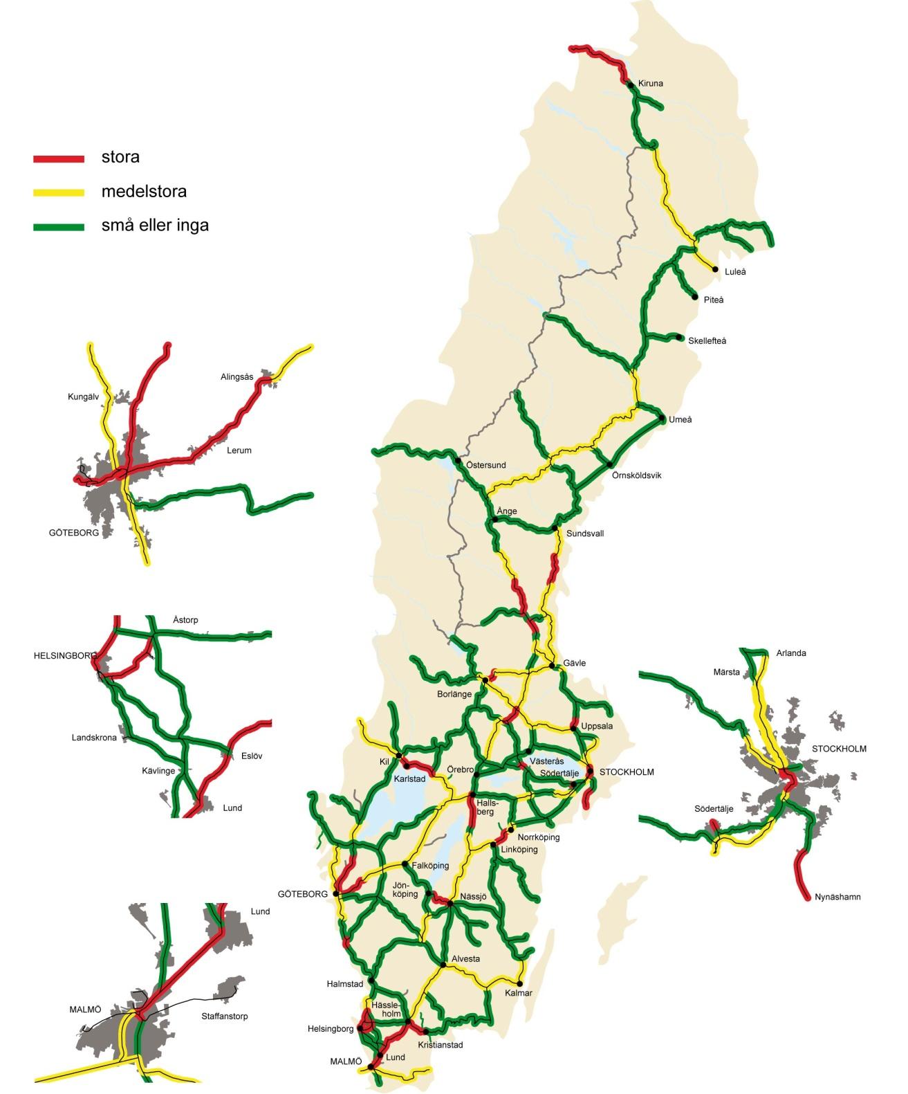 2.4.2 Dagens persontrafik Persontrafiken är mest omfattande kring våra tre storstäder, där det finns ett flertal sträckor med fler än 100