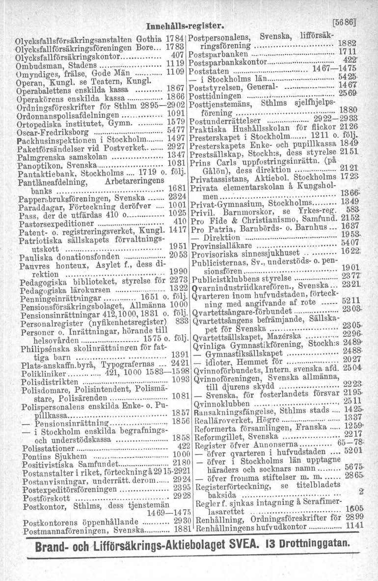 Innehålls.regi ster, [56861 Olycksfallsförsäkringsanstalten Gotbia 1784 Postpersonalens, Svenska, lifförsäk- Olycksfallförsäkringsföreningen Bore 1783 ringsförening 1882 Olycksfallförsäkringskontor.