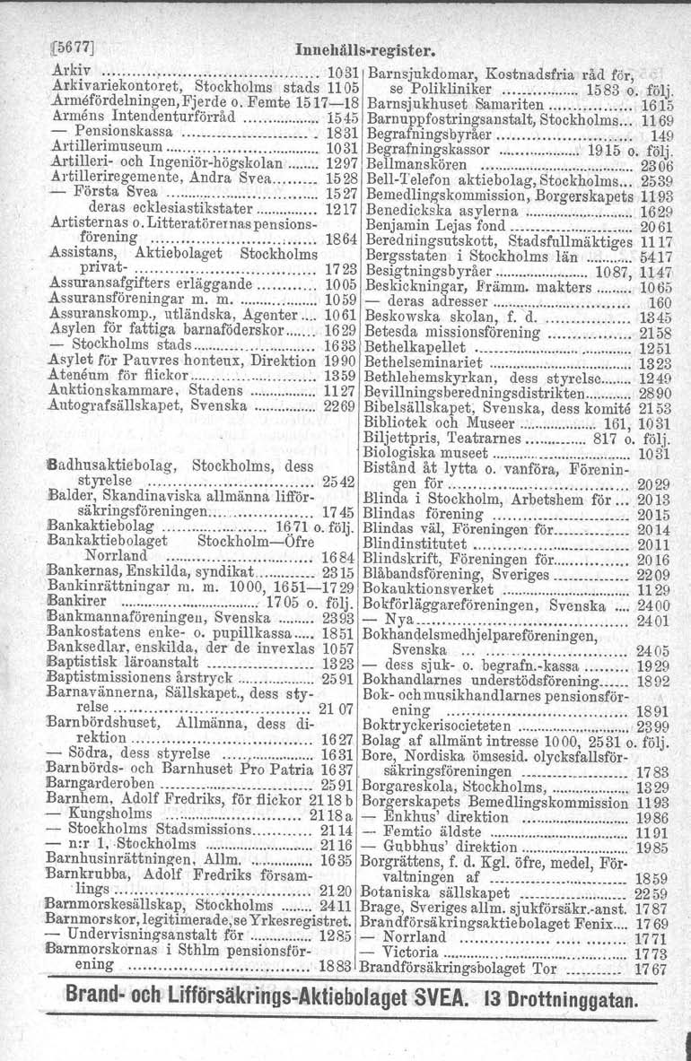 [5677] Innehälls-registar..Arkiv / 1031 Barnsjukdomar, Kostnadsfria råd för,.arldvariekontoret, Stockholms stads 1105 se Polikliniker 1583 o. följ..armefördelningen,fjerde o.