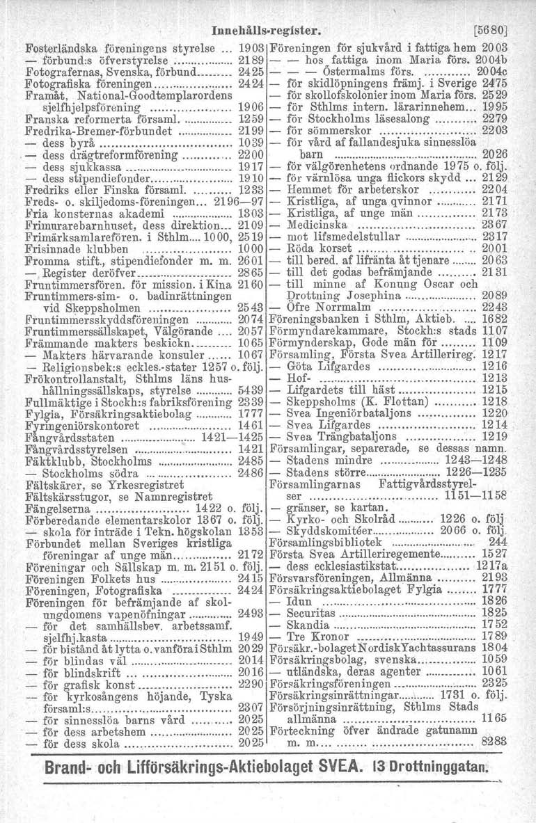 Innehålls-register. [5680J Fosterländska föreningens styrelse 1903 Föreningen för sjukvård i fattiga hem 2003 - förbund:s öfverstyrelse 2189 - - hos,.fattiga inom Maria fors.