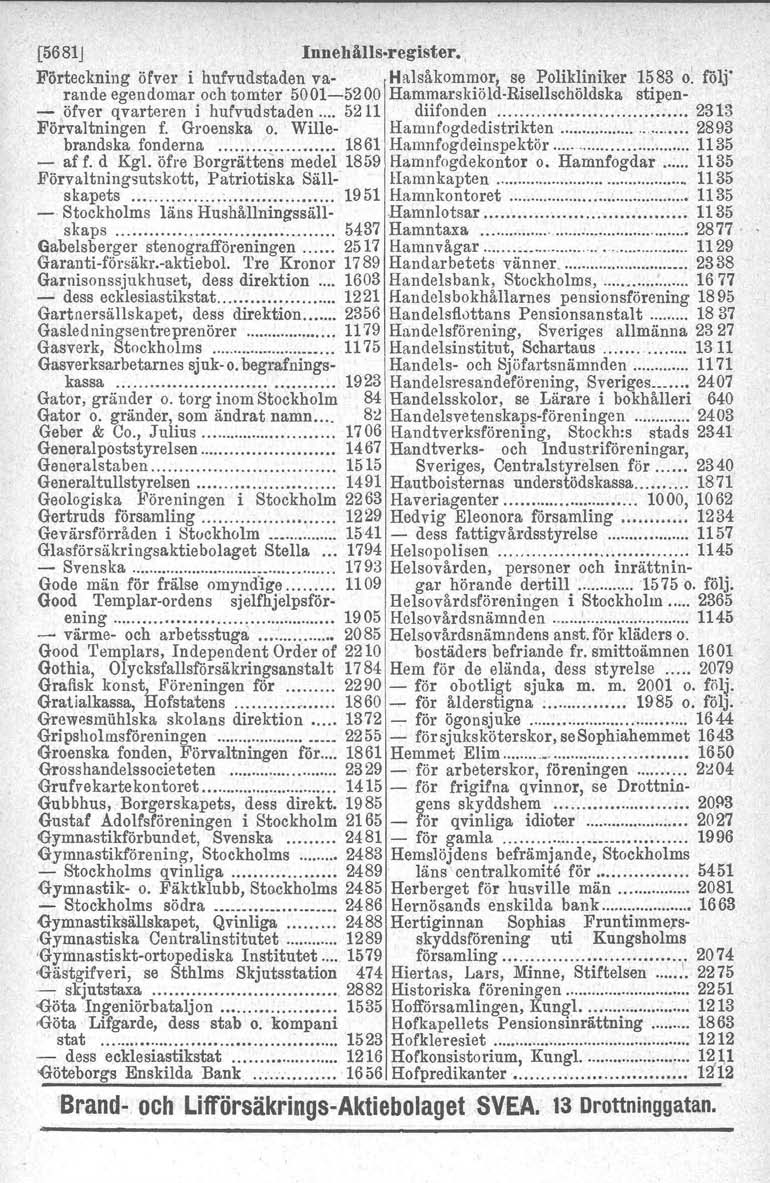 [5681 J Innehälls-regfster, Förteckning öfver i hufvudstaden va- Halsåkommor, se Polikliniker 1583 o: följ' rande egendomar och tomter 5001-5200 Hammarskiöld-Risellschöldska stipen- - öfver qvarteren