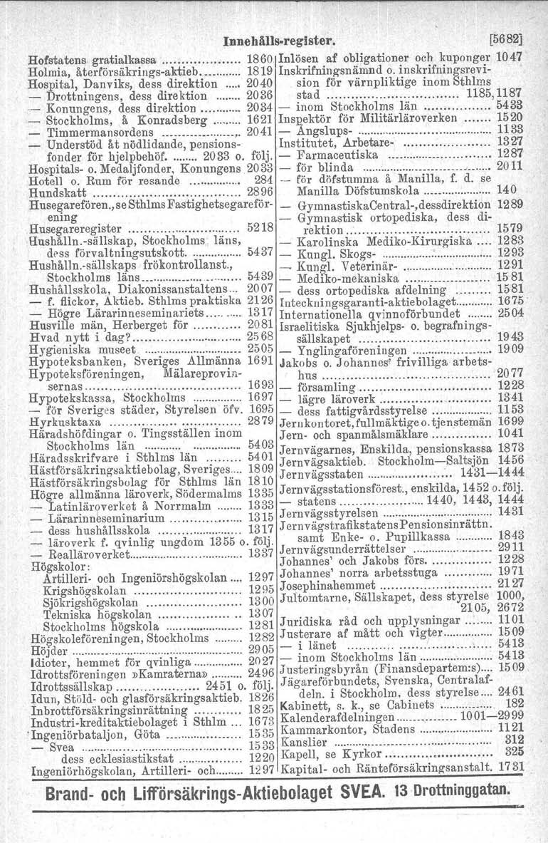 Innehålls-register. [5682j Ho/statens, gratialkassa 1860lInlösen af obligationer och kuponger 1047 Holmia, återförsåkrings-aktieb 1819 Inskrifningsnämnd o.