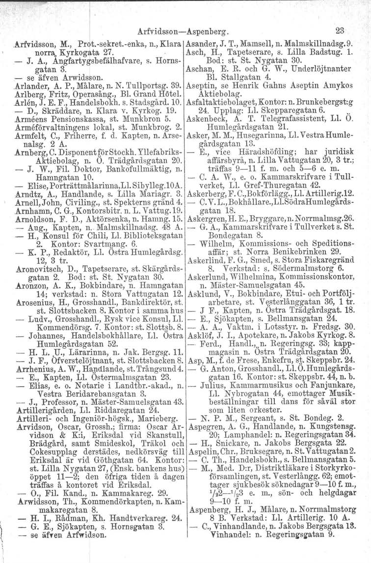 I Arfv idsson-c-åspenberg. 23.årfvidsson, M., Prqt.-sekret.-enka, n., Klara Asander, J. T., Mamsell, n. Malmskillnadsg.9. norra. Kyrkogata 27.. Asch, H., Tapetserare, s. Lilla Badstug. 1. - J. A., AngfartYfJsbefälhafvare, s.