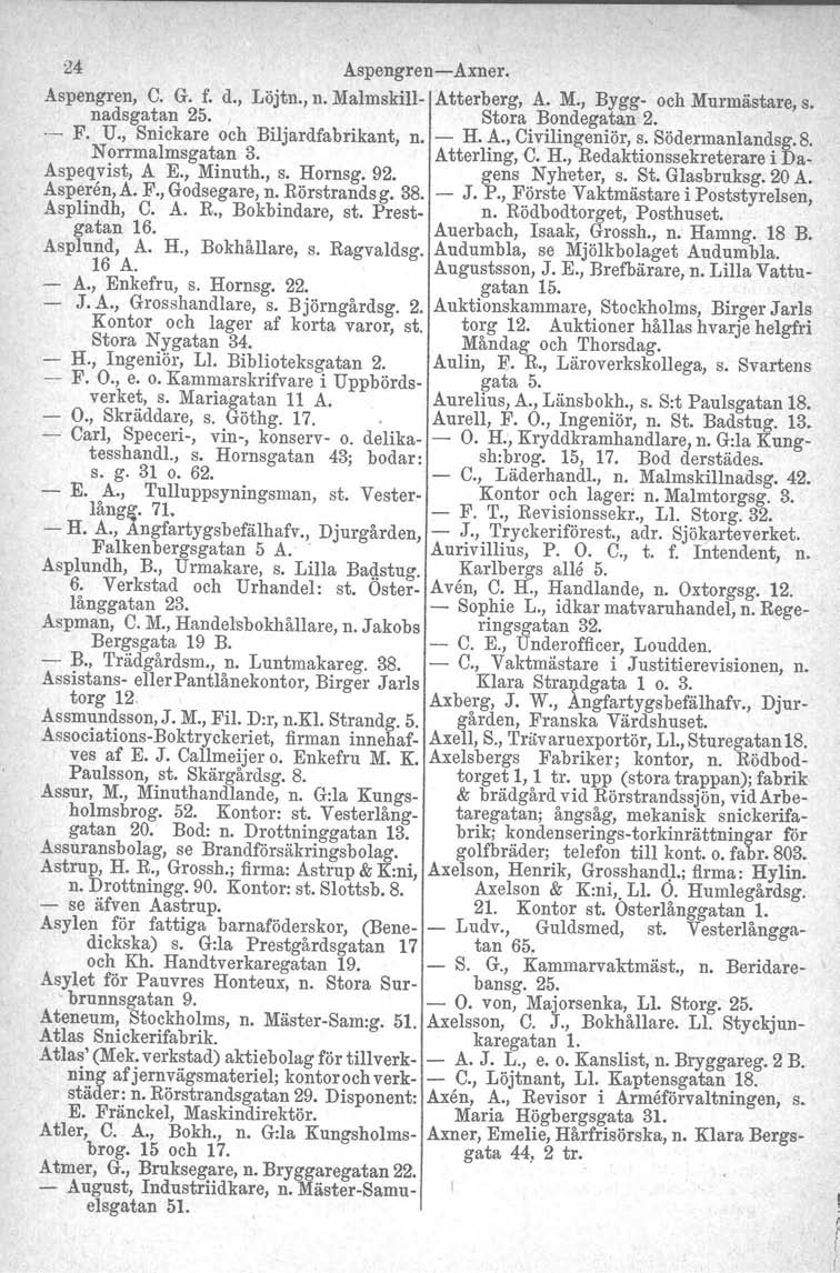 24 Aspengren-Axner. Aspengren, C. G. f. d., Löjtn., n. Malmskill- Atterberg, A. M., Bygg- och Murmästare, s. nadsgatan 25. Stora Bondegatan 2. '- F. U., Snickare och Biljardfabrikant, n. - H. A., Civilingeniör, s.