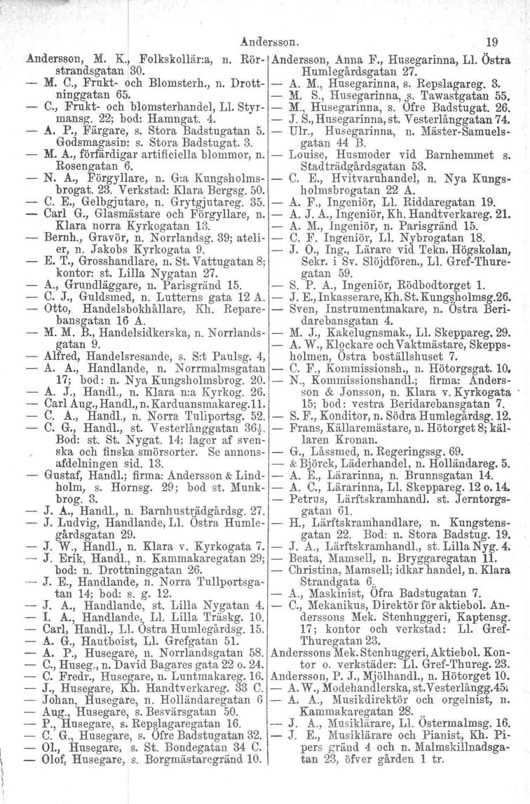 _~nder:;son. 19 Andersson, M. K. r Folkskollär:a, n. Rör- Andersson, Anna F., Husegarinna, Ll. Östra strandsgatan,30. Humlegårdsgatan 27. M. C., Frukt- och Blomsterh., n. Drott- - A. M., Husegarinna, s.