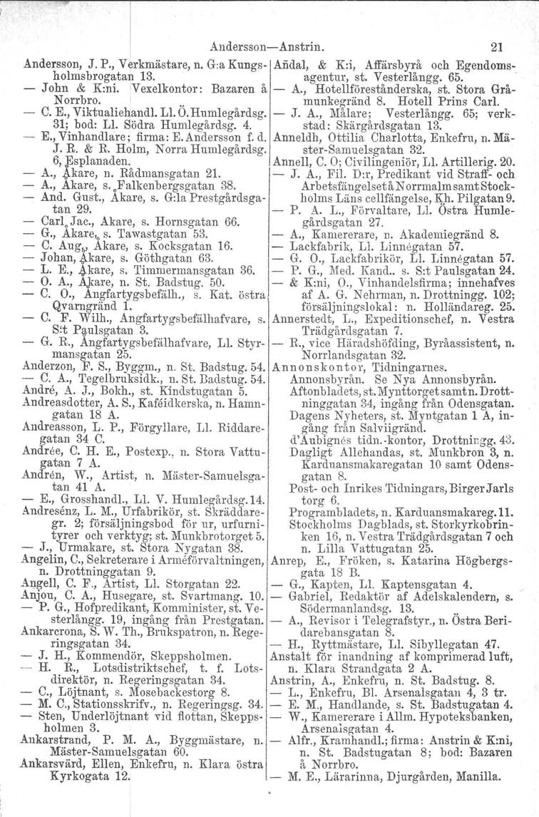 I Andersson-c-A nstdn. 21 Andersson, J. P., Verkmästare, n. G:a Kungs. Afidal, & K:i, Affärsbyrå och Egendomsholmsbrogatan 13. agentur, st. Vesterlångg. 65. - John & K:ni. 'Vexelkontor: Bazaren å A.