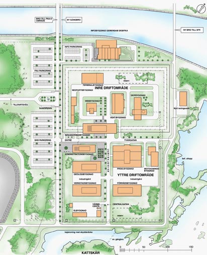 Figur 16. Preliminär situationsplan. Centralgatan leder i norr fram till inpasseringsbyggnaden för tillträde till det inre, bevakade området.