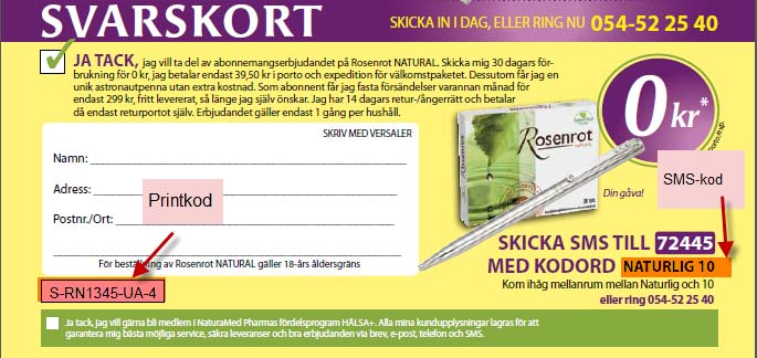 Svarskort med printkod och SMSkod Här illustrerad som