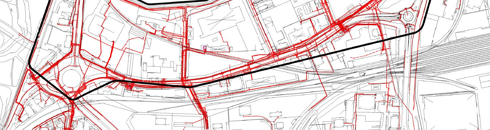 Skeppsbron Uppdrag 2 MUR Geoteknik Munksjön Södra infarten Kämpevägen Figur 7-2 Aktuellt undersökningsområde och befintliga ledningar och kablar, undantaget va-ledningar, markerade i rött.