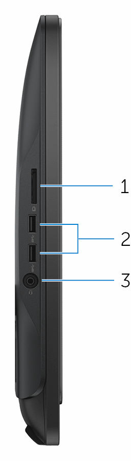 Vänster 1 Mediakortläsare Läser från och skriver till mediakort. 2 USB 3.0-portar (2) Anslut kringutrustning, t.ex. lagringsenheter och skrivare.