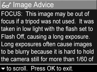 Image Advice (Bildrådgivning) När du väljer Image Advice (Bildrådgivning) i Playback Menu (uppspelningsmenyn) (sidan 101), analyserar kameran bilden för att se om finns några problem med fokusering,