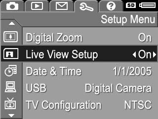 6 Använda konfigurationsmenyn I Setup Menu (konfigurationsmenyn) kan du ändra ett antal kamerainställningar, som t ex kameraljud, datum och tid samt konfiguration av USB- eller TV-anslutning. 1.