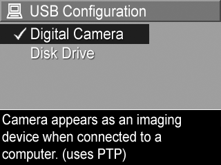 USB-konfiguration Den här inställningen avgör hur kameran ska kännas igen när den ansluts till en dator. 1. I Setup Menu (konfigurationsmenyn) (sidan 129) väljer du USB. 2.