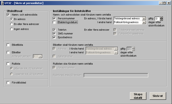 Studentavdelningen/Ladokgruppen sid 10 av 10 UT32 Registrerade på kurs Sök fram studenter och välj Arkiv Utskrifter av namn- och adresslistor Här väljer man vad som ska vara med