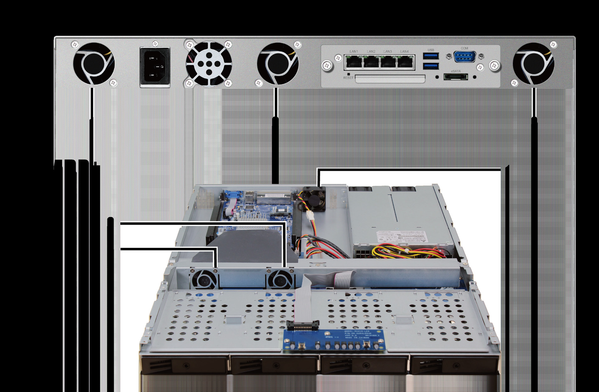 Nr. Artikelnamn Plats Beskrivning 12 USB 3.0-port Anslut externa hårddiskar, USB-skrivare eller andra USB-enheter till Synology RackStation här.