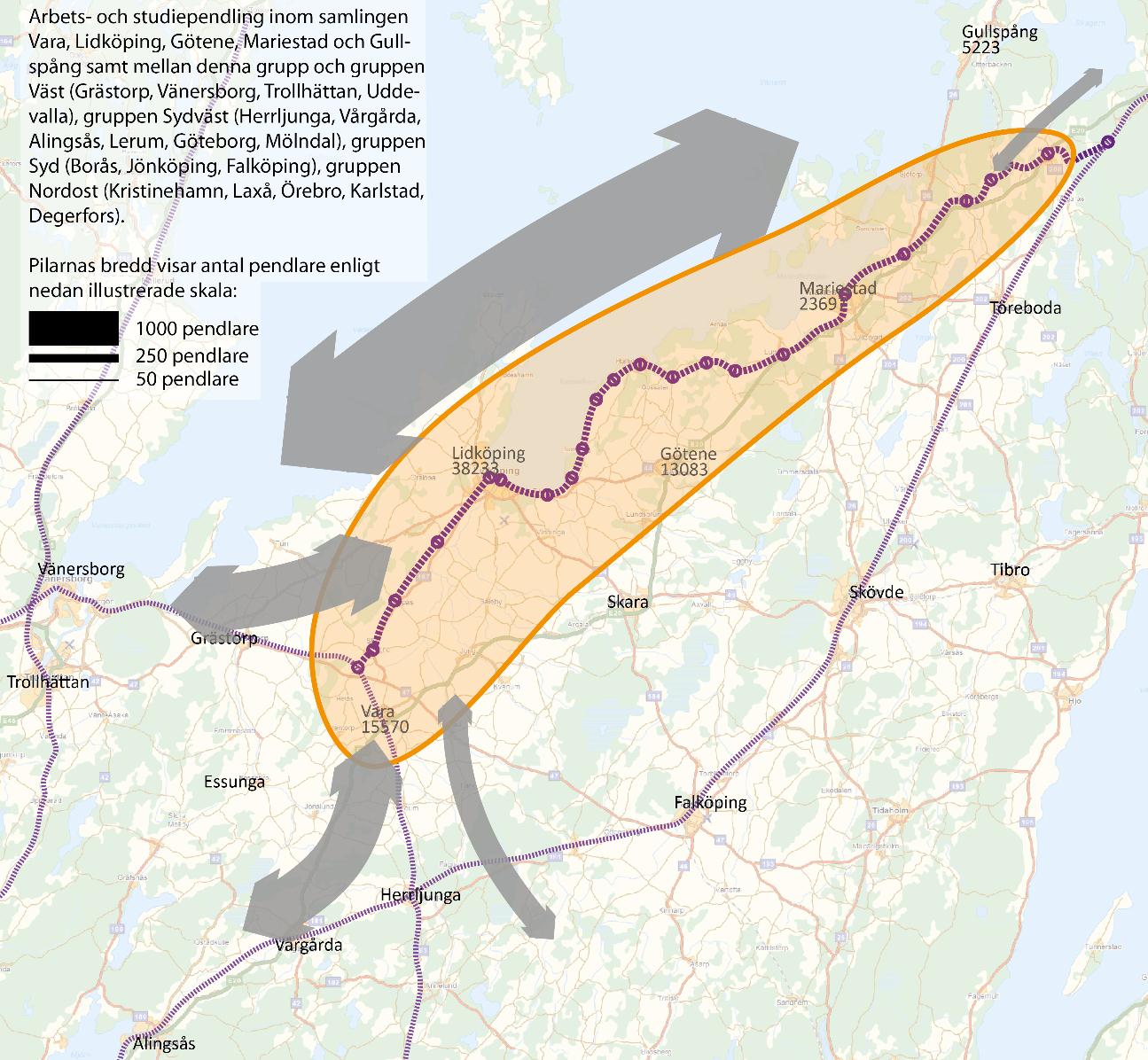 Relationer med 40 pendlare eller fler är markerade med rött (dessa återfinns som pilar i figur 3-10 nedan med pendling ovan).