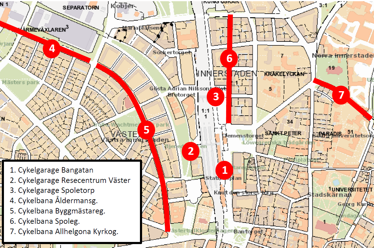 Cykelgarage Bangatan. Cykelparkeringsplatserna vid stationen fördubblas, med 3500 platser. Merparten förläggs i ett cykelgarage under Bangatan med plats för ca 4000 cyklar.