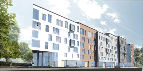 Triangulärt bostadskvarter med underbyggd gård, ÅWL Arkitekter.