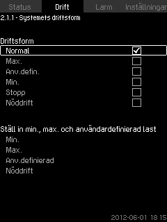 Svenska (SE) 8.5 Drift (2) I den här menyn ställs grundläggande parametrar in, som börvärde, driftsform, reglertyp och individuell pumpstyrning. 8.5.1 Drift (2) A B Välj någon av inställningarna nedan: Systemets driftsform (se avsnitt 8.