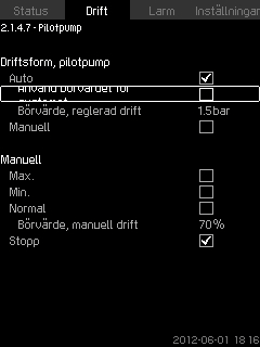 Svenska (SE) 8.5.6 Pump 1-6 (2.1.4.1-2.1.4.6) 8.5.7 Drift, pilotpump (2.1.4.7) Fig. 32 Pump 1-6 Fig. 33 Drift, pilotpump I den här displaybilden väljs driftsform för individuella pumpar.