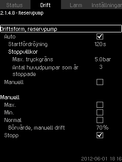 8.5.8 Driftsform, reservpump (2.1.4.8) Svenska (SE) Fig. 34 Driftsform, reservpump Den här displaybilden visas bara i system med reservpump.