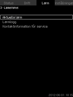 8.6 Larm (3) Svenska (SE) Den här menyn ger en översikt över larm och varningar. Det är möjligt att återställa larm. 8.6.1 Larmstatus (3) Fel Varning ( ) Larm ( ) Driftsform växlar till Larmåterställning Återstart Ställs in i meny "Inställningar" Larmkod Vattenbrist Man.