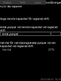 8.7.19 Start- och stoppvarvtal för pump (4.2.8) Funktionen styr start och stopp av pumpar. Två alternativ finns: 1.