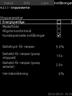 Svenska (SE) Start/stopp-band: 5-30 % Min. flöde: Distribution högre än börvärde: 2-50 % av märkflödet (Qnom.) för en av pumparna. Kan ställas in endast om direkt flödesmätning med flödesmätare valts.