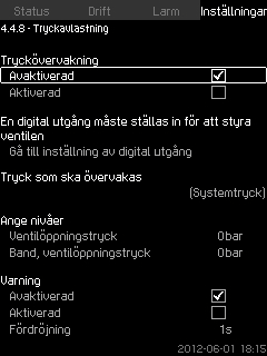 8.7.53 Pumpar utanför driftsområde (4.4.7) Syftet med funktionen är att sänka trycket i rörsystemet genom att öppna en magnetventil om trycket överskrider angivet värde.