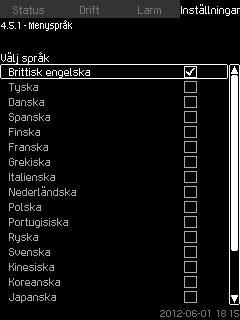 8.7.57 Funktioner, CU 352 (4.5) 8.7.58 Menyspråk (4.5.1) Svenska (SE) Fig. 111 Funktioner, CU 352 I den här menyn görs grundläggande inställningar av CU 352.