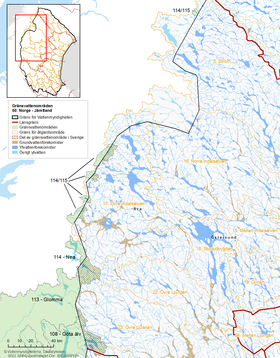 Bild 1: Kartan visar gränsvattenområden i Jämtlands län