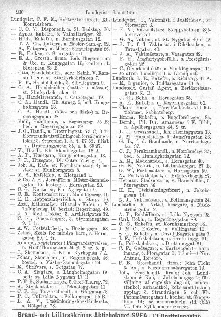 Brand- och lifförsäkrinns.aktip.hnlanp.t ~VF.a, I~ Rrnttninnmahn 230 Lundqvist-Lundström. Lundqvist, C. F. M., Boktryckeriförest., Kh, Lundqvist, C., Vaktrnäst. i Justitierev., st. Konradsberg.