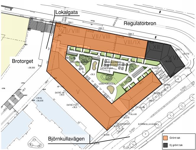 Sida 16 (19) Åtgärdsförslag Då det har varit svårt att hitta bra fördröjnings- och reningsytor föreslås anläggning av gröna tak på samtliga fastigheter förutom de tak som tillhör höghusen i öst