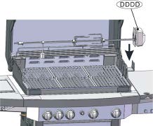 Steg 20. Placera fettbrickan (M) i spåren under grillkroppen (O) enligt bilden. Steg 21. Öppna tändarknappen och lägg det medföljande batteriet (KK) med minussidan nedåt i hålet.