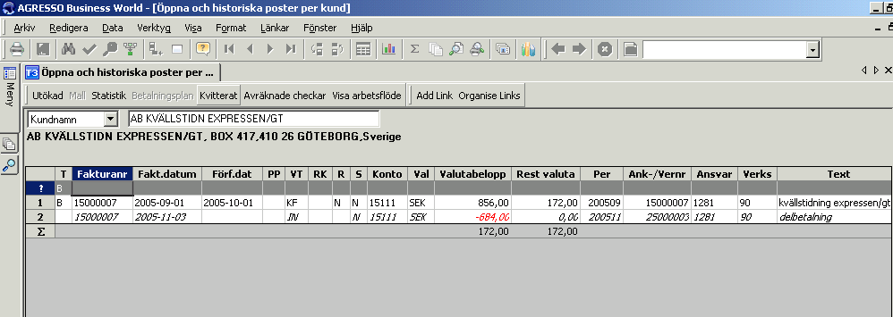 Lathund Fråga på kundfakturor Om man vill se vilka Öppna (obetalda) och Historiska poster (betald, kvittad) som finns på en specifik kund, gå till: Agresso Ekonomi -> Kundreskontra -> Fråga -> Öppna