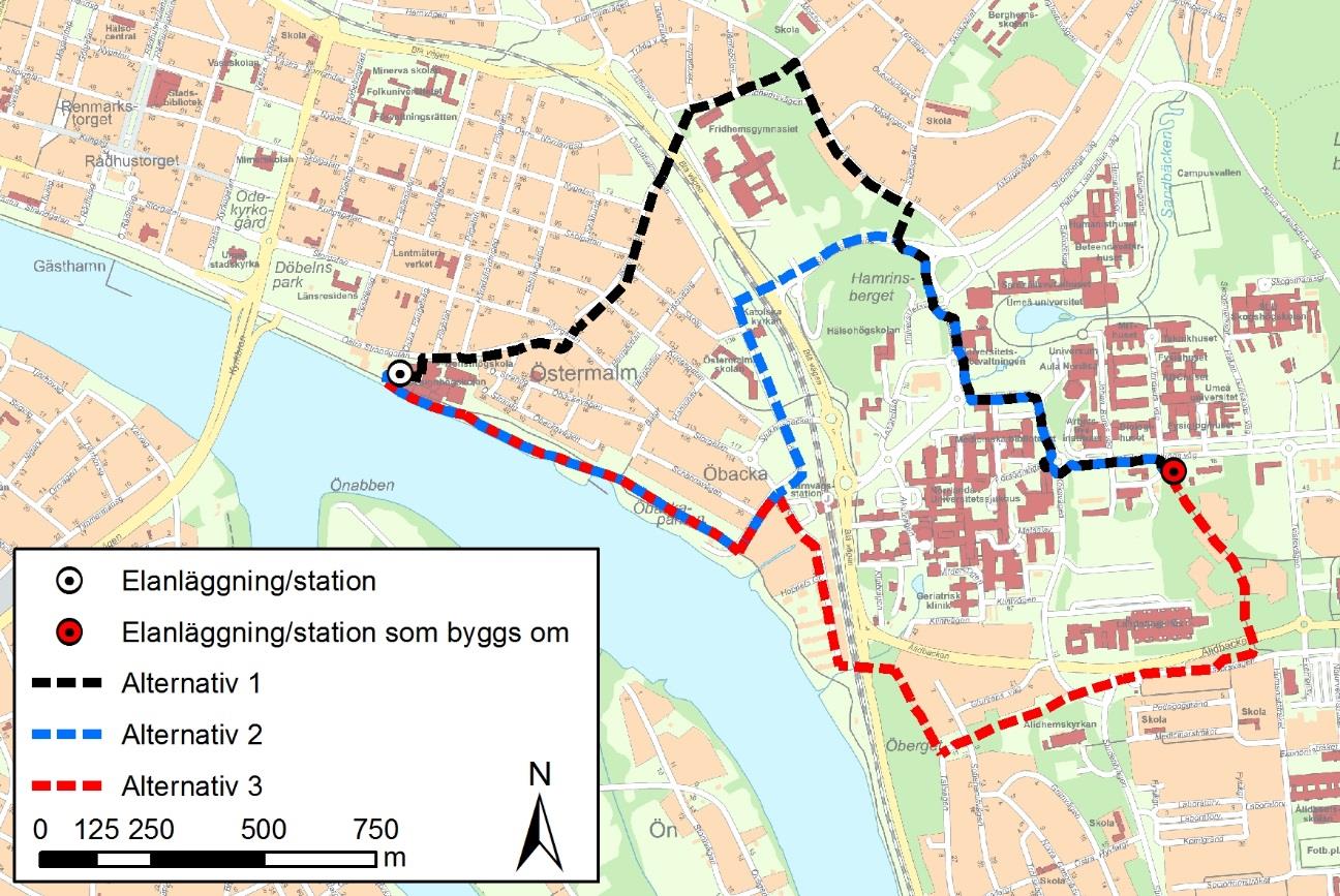 Figur 4. Aktuella sträckningsalternativ för planerad ledning mellan Designhögskolan och Universitetet.