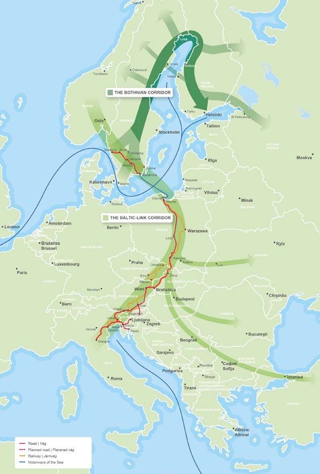 Godstransporter Baltic-Link Utbyggnad av järnvägsnätet pågår i Polen, Tjeckien, Slovakien, Österrike och Italien för att binda samman hamnarna i Adriatiska havet med Östersjön i den så kallade