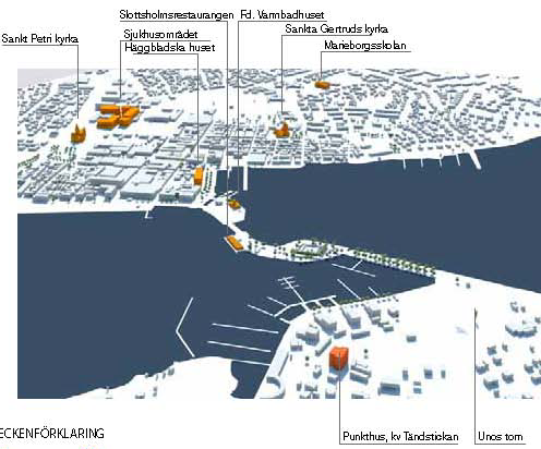 karakteristiska blickfång. De vattennära landmärkena har en konsekvent volymuppbyggnad med två sammanfogade geometrier, t.ex.