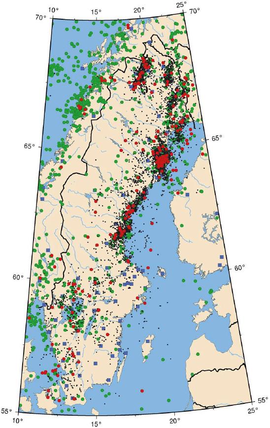 Jordbävningar och jordbävningsrisker i Sverige SOU 2016:16 Jordbävningar med en magnitud på 2 i Sverige och dess närområde mellan 1965 och 2015.