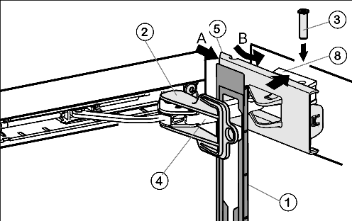 Idrifttagande 4.1.12 Flytta kabelanslutning (övre dörr) Skåp med stängningsdämpare: u Låt dörren vara öppen. 4.1.14 Montering av övre stängningsdämpare För skåp med stängningsdämpare.