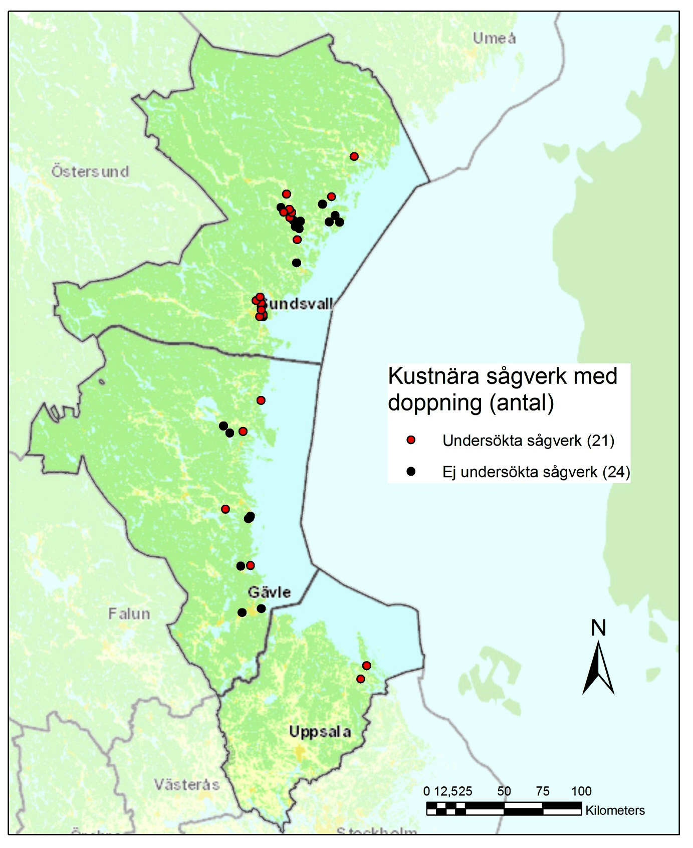 Bild 4. Kustnära sågverk där man doppat virke i pentaklorfenol inom Västernorrlands-, Gävleborgs- och Uppsala Län.