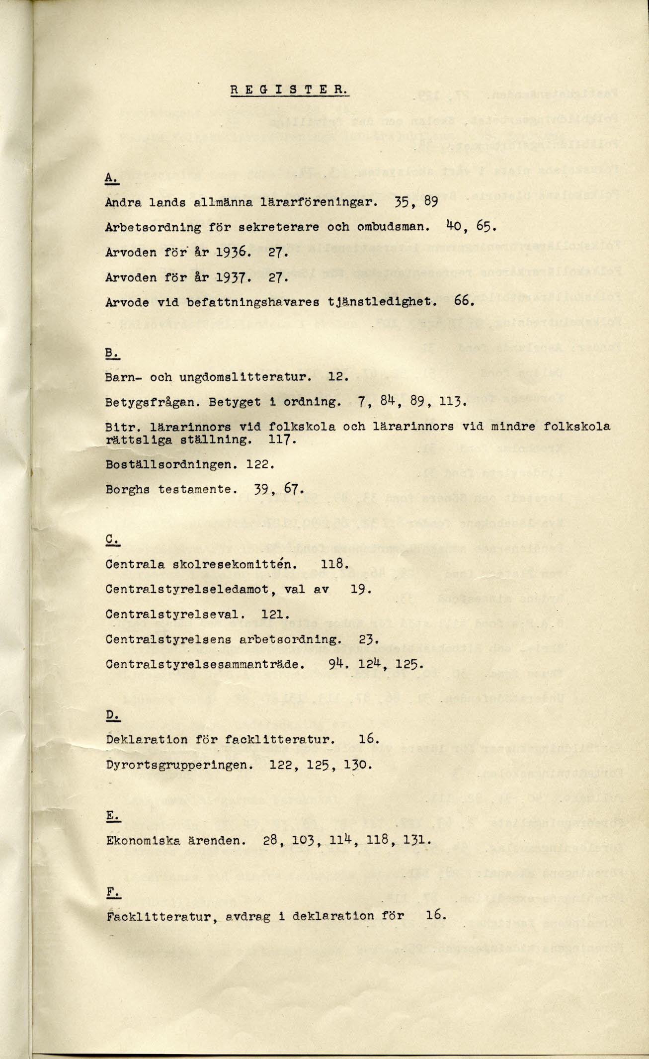 REGISTER. A,. Andra lands allmänna lärarföreningar. 35, 89 Arbetsordning för sekreterare och ombudsman. 4-0, 65. Arvoden för" år 1936. 27.