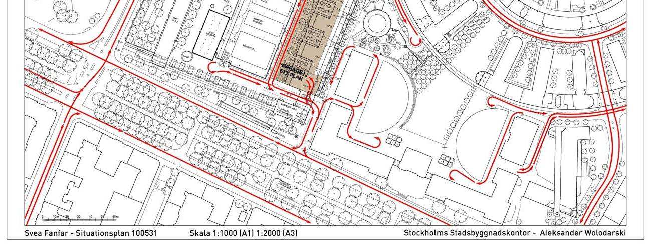 13 (15) Dp 2004-16802-54 Biltrafik, angöring och parkering Med bil angörs området från Valhallavägen, även transporter till Musikhögskolan sker denna väg.