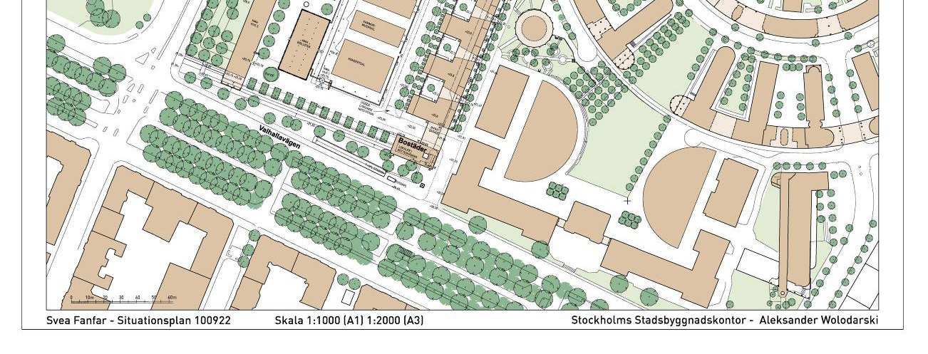 6 (15) Dp 2004-16802-54 Aktuellt planförslag 2010 På hörntomten vid Lidingövägen - Valhallavägen föreslås en anläggning som till sin form liknar en klassisk idrottsarena.