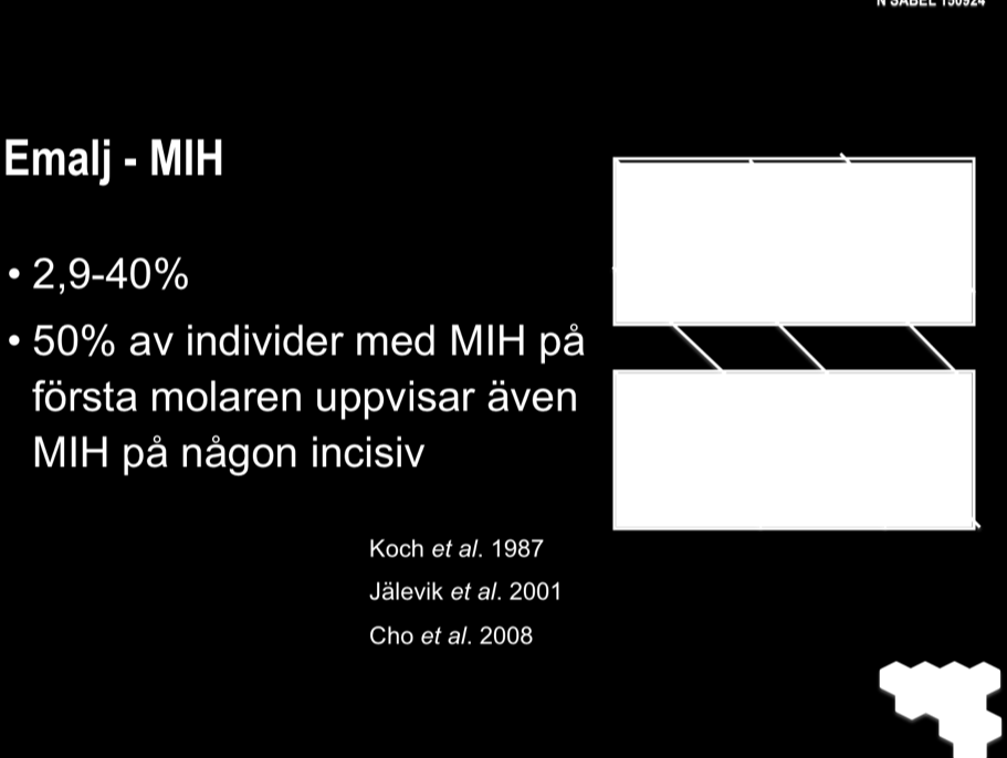 Sekretionsfas Maturationsfas Ameloblaster HYPOPLASI Emalj Pulpavävnad HYPOMINERALISATION (OPACITET) Dentin Hu et al.