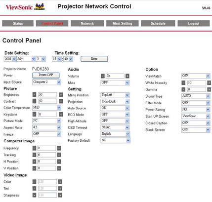 Control Panel Objekt Date Setting Time Setting Projector Name Power Input Source Picture Brightness Contrast Color Temperature Keystone Picture Mode Aspect Ratio Freeze Computer Image Frequency